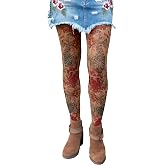Wild Rose Ladies MUMS Tattoo Mesh Leggings Chrysanthemum Red Flowers, Tan