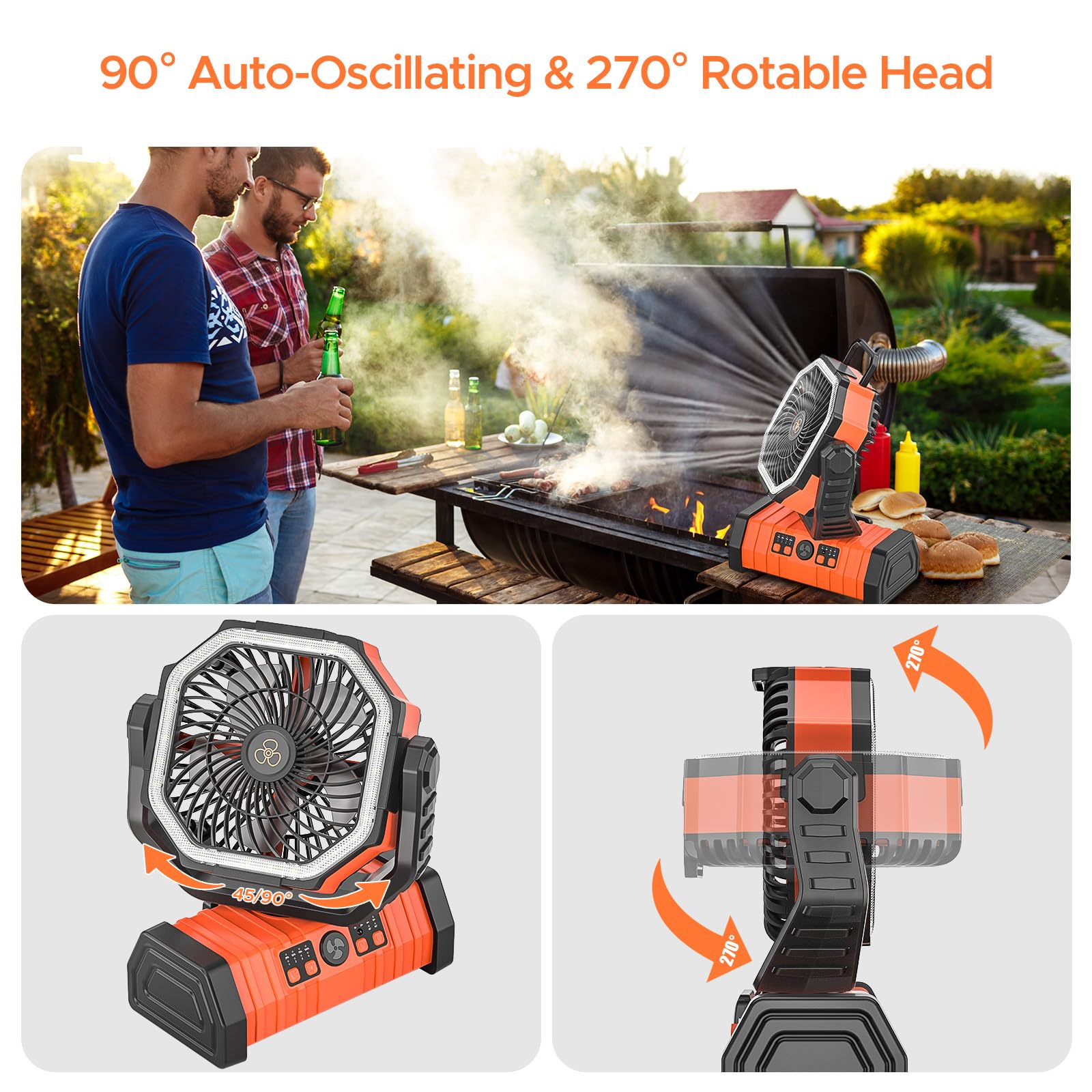 Rechargeable Camping Fan with LED Lantern, 20000mAh Auto-Oscillating Battery Operated with Remote/Hook/Timer, 8” Portable Fan for Picnic, Fishing,Tent, RV, Power Outages, Hurricane(Orange)