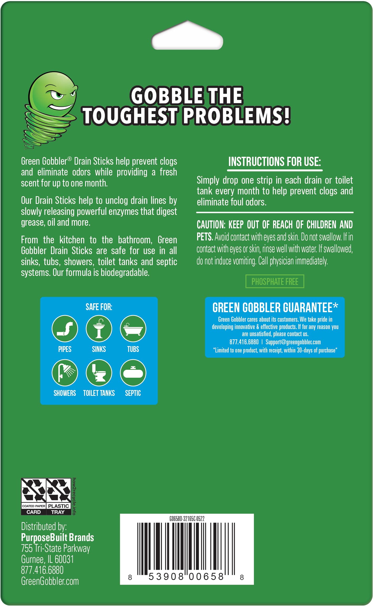 Green Gobbler Drain Cleaner & Deodorizer FRESH SCENT Sticks for Toilet