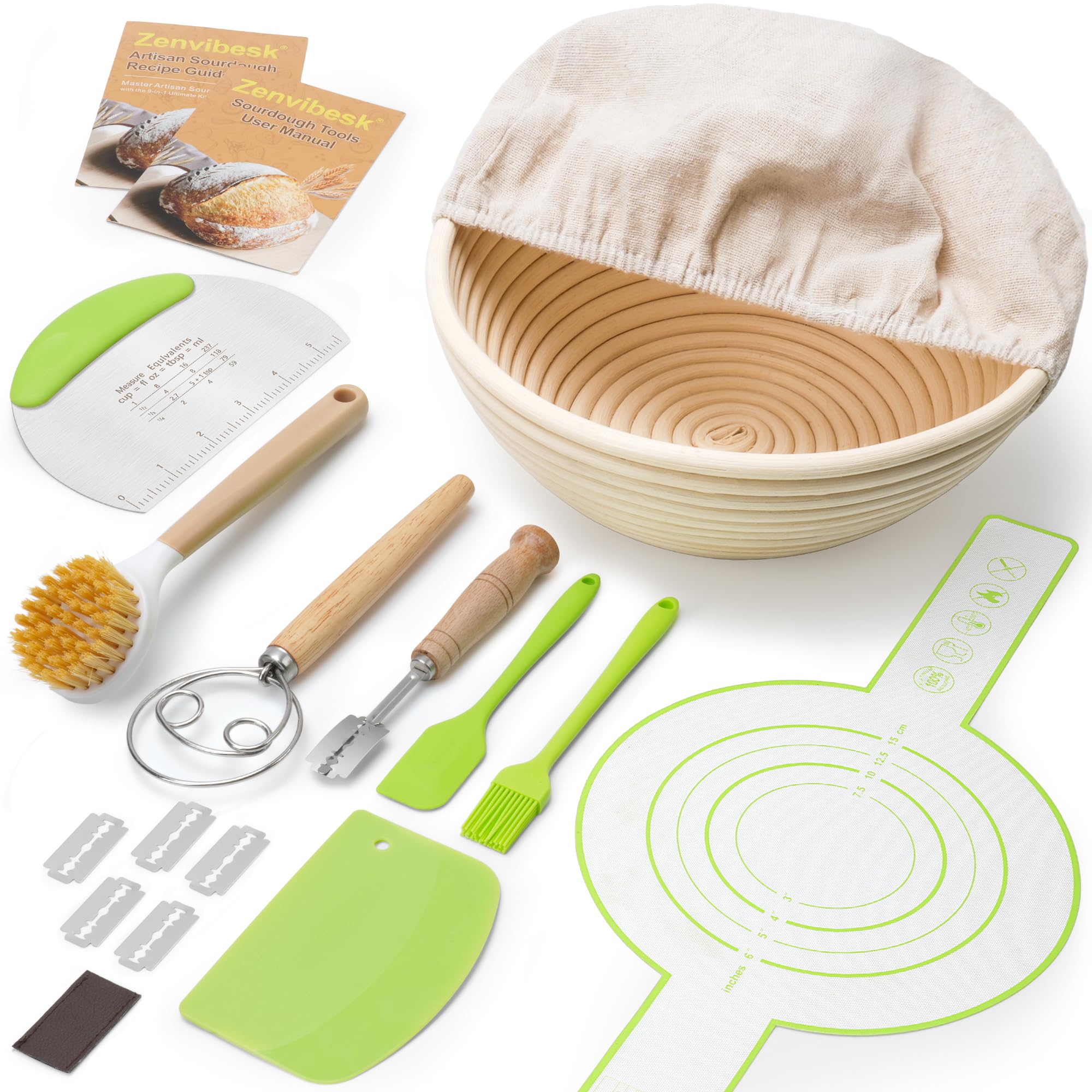 Photo 1 of Zenvibesk Sourdough Bread Baking Supplies: 9-Piece Kit with Banneton Bread Proofing Basket (9" Round), Sourdough Starter Kit & All Essential Tools | Artisan Essentials for Home Bakers