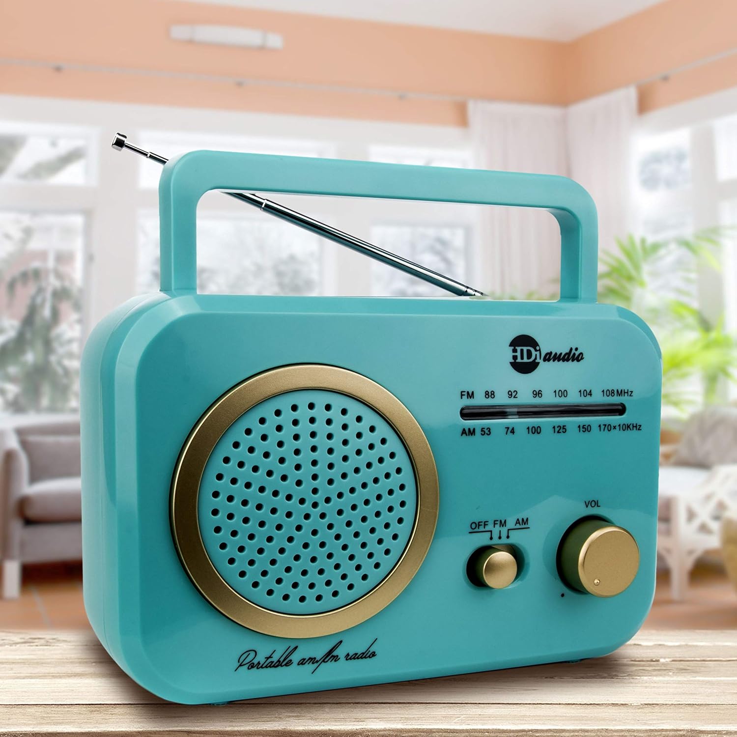 HDi Audio Radio Turquoise/Gold Premium Home Vintage Portable Retro Radio Classic AM/FM Radio with Built in Speakers + Headphone Jack: Home Audio & Theater