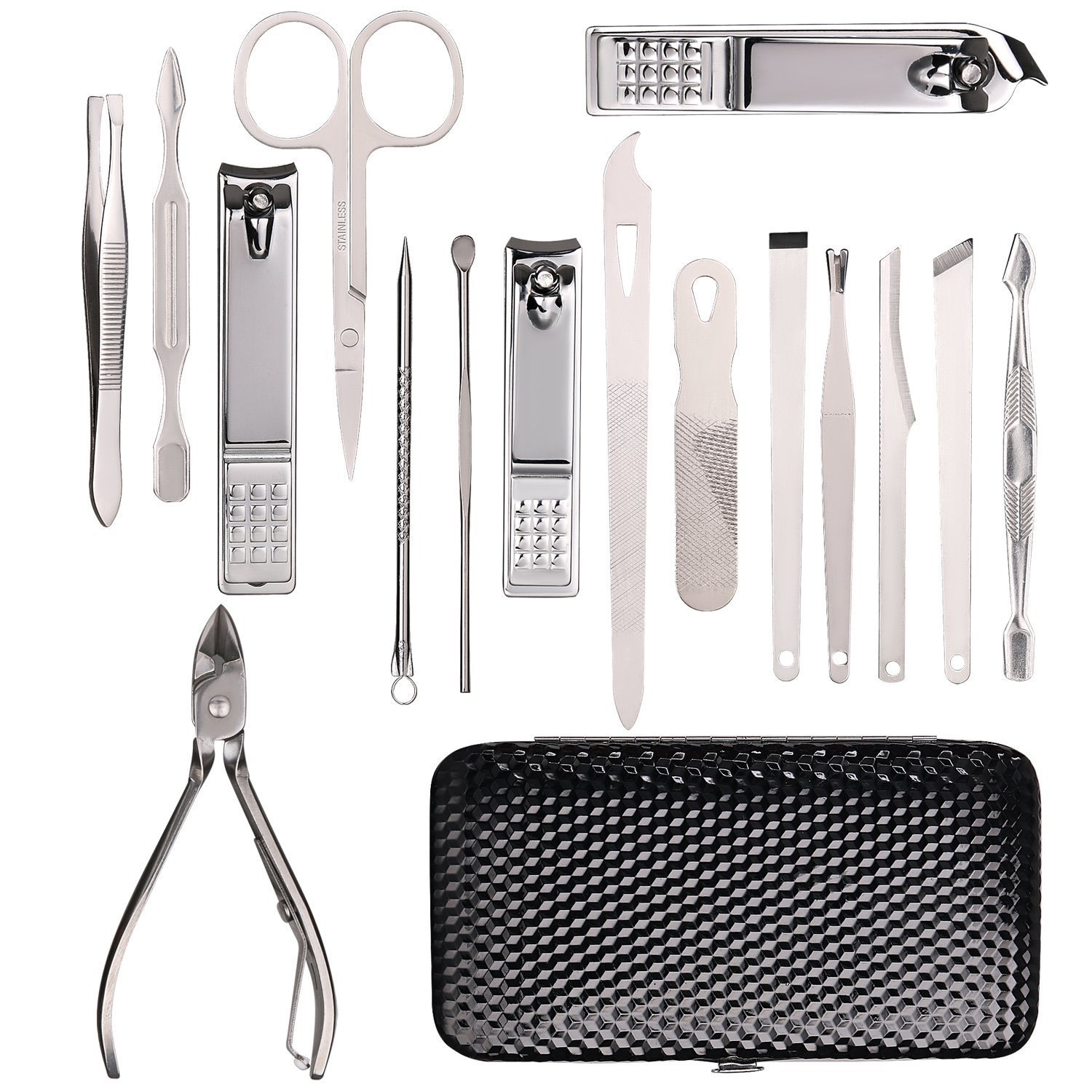 Teamkio Manicure Pedicure Set Nail Clippers Travel Hygiene Kit Stainless Steel Professional Nail Cutter Care Set Scissor Tweezer Knife Ear Pick Utility Tools Grooming Kits with Leather Case 16 pcs