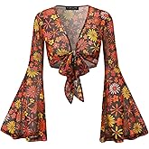 For G and PL Women Tie Front Bell Sleeve Rave Crop Tops Floral Print Hippie Mesh Sheer Shirt