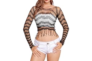 LemonGirl Women's Fishnet Crop Top Babydoll Chemise Lingerie with Tassels, Sizes US 2-16
