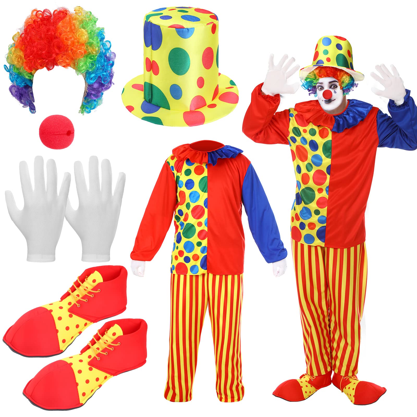 Photo 1 of Funtery 7 Pcs Clown Costumes Set Includes Shoes, Nose, Hat, Wig, Gloves for Adults Halloween Clown Costumes(2XL)
