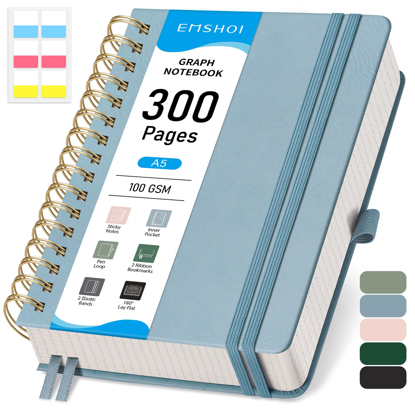 EMSHOI A5 Graph Paper Notebook, Spiral Notepad 150 Sheets/300 Pages, 100gsm, Hardback, Sticky Notes, Pocket, Pen Loop, Ruler, Bookmark, Squared Journal for Women Men Writing, 14.5 x 21cm, Gray Blue