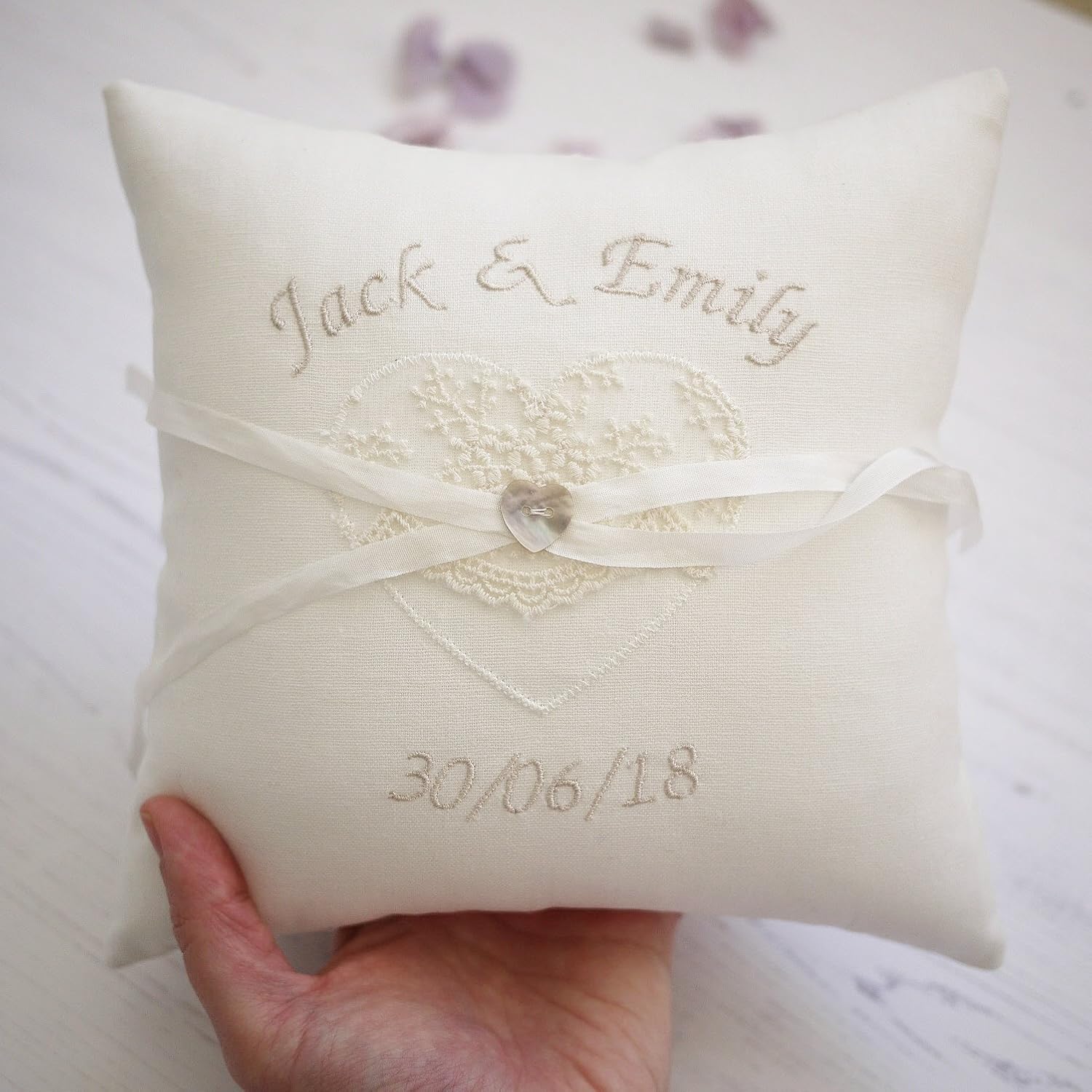 Personalised Ring Bearer Pillow Lace Wedding Cushion Embroidered