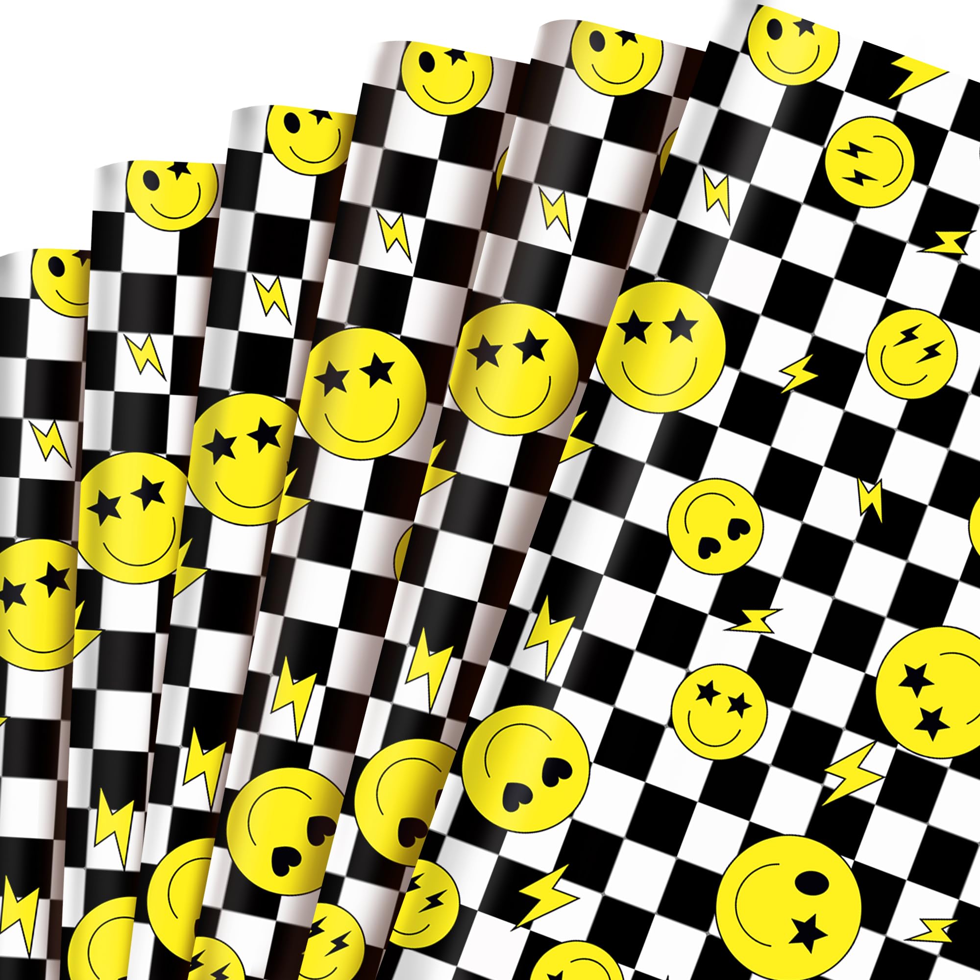 Photo 1 of 12 Sheets 28 * 20 Inches one Happy Dude Theme Gift Wrap Paper, Black Yellow Smiley Faces Lightning Printed Wrapping Paper with Checkered Patterns for First Birthday Party Baby Shower DIY Craft