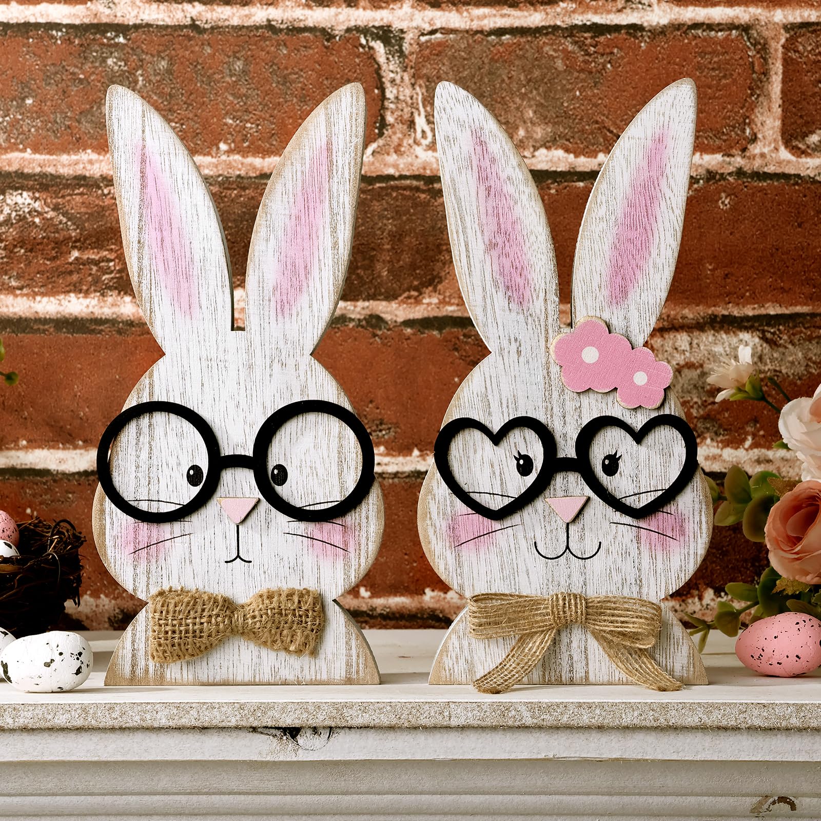 Treory Easter Decorations: Rustic Antique Wooden Bunny Couple Happy Easter Table Centerpiece Signs, Farmhouse White Cute Rabbit with Glasses Wood Decor for Home Office Mantel Gifts