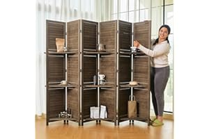 SVIMI Partition Room Dividers, Folding Wood Privacy Screen with Three Display Shelves Suitable for Home Office, Study, Art Display - 6 Panel, 67 * 77inch (Brown)