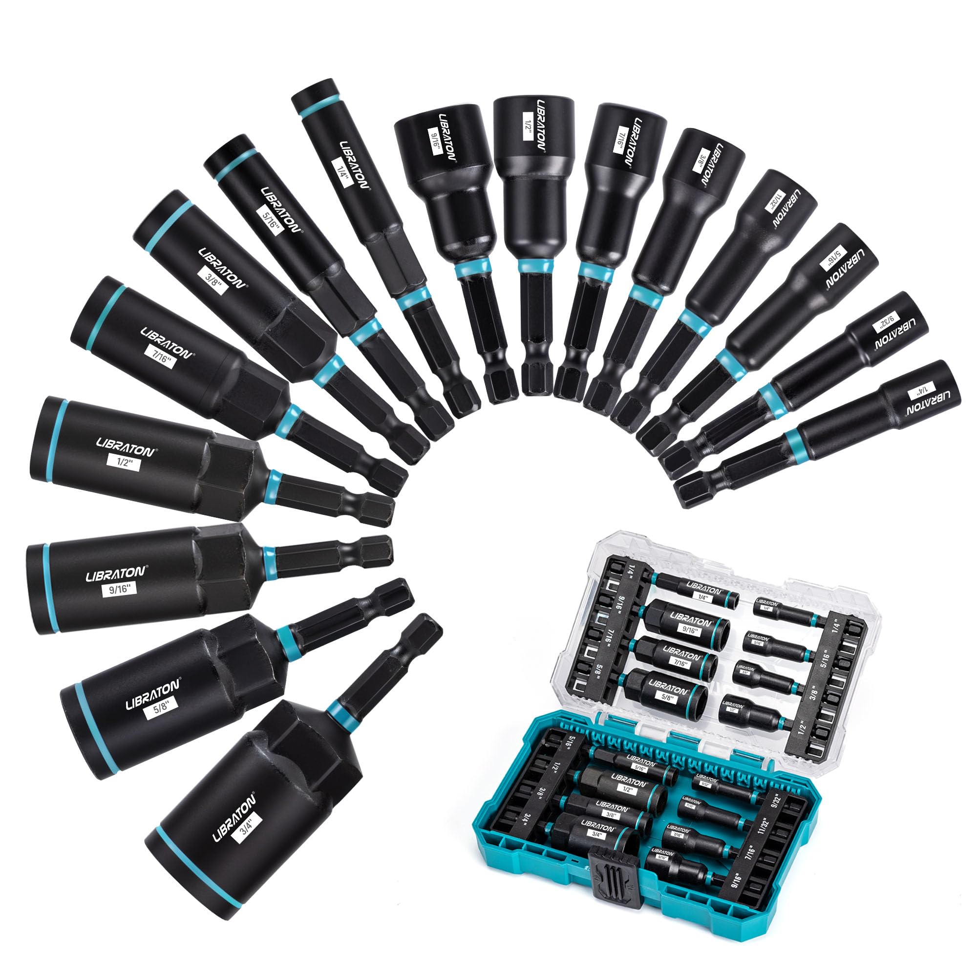 Photo 1 of LIBRATON Magnetic Nut & Driver Set, 16pc Impact Driver Bit Set, 1/4"-9/16" Nut & 1/4"-4/3" Deep Nut Drivers, SAE Drive, Toolbox for Car Repairs