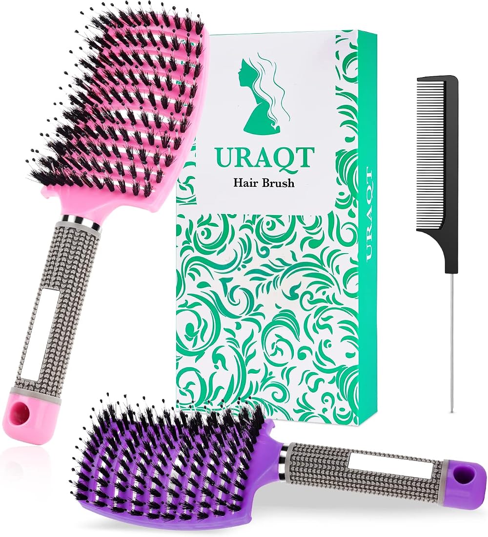 URAQT 2 Pcs Boar Bristle Paddle Hairbrush with Tail Comb Pink Purple