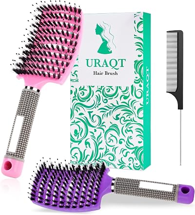 URAQT 2 Pcs Boar Bristle Paddle Hairbrush with Tail Comb Pink Purple