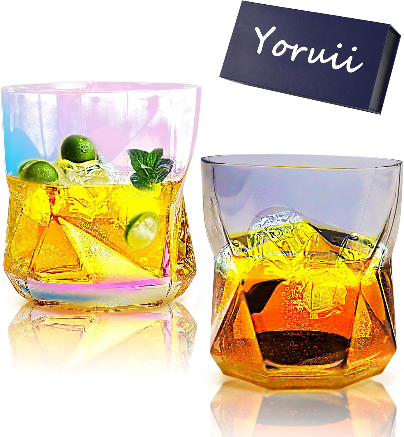 Crystal Whiskey Glasses with Luxury Box, Bar Whiskey Glasses, Style Glassware for Bourbon, Rum glasses, Thick Weighted Bottom Rocks Glasses, Set of 2, 17 oz