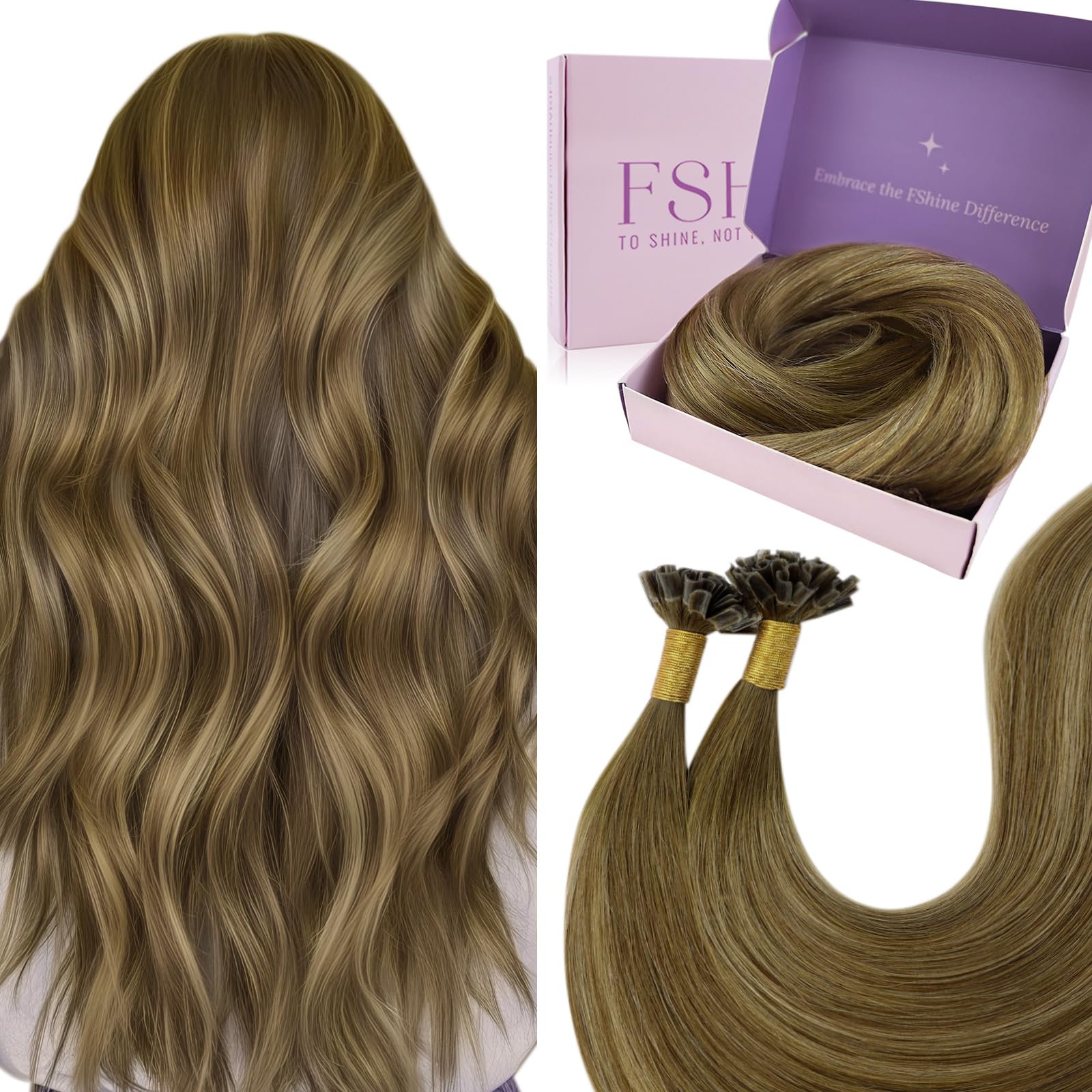Fshine Pre Bonded U Tip Hair 18 inch Color 4 Dark Brown Fading to 27 Caramel Blonde Mixed 4 Brown Extensions Remy Hair Keratin Bondings 50g/50s for Women — image 1
