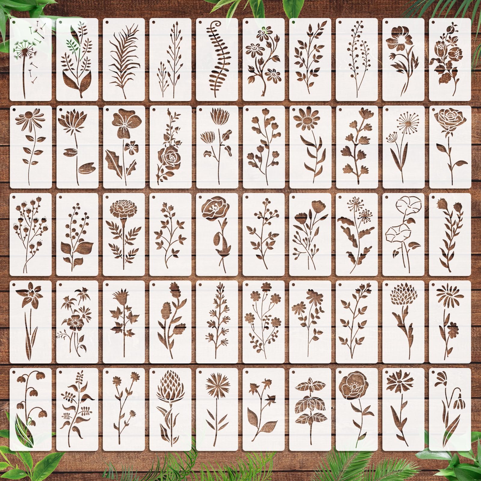 OOTSR 50Pcs Plants Painting Stencils, 3"x5.9" Reusable Flowers & Leaves Template Drawing Art Deco Furniture Painting Wood Scrapbooking Designs Wall Decor
