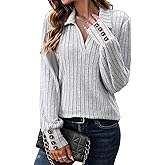 Flamingals Women's Knitted Collared V Neck Shirts Tops Button Cuff Long Sleeve Dressy Casual Polo Tops Fall Fashion