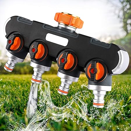 Xddias 4-Wege-Verteiler, 3/4' Wasser Verteiler mit Absperrhahn Wasserhahn Adapter, Wasserdurchfluss Regulier und Absperrbar, 
