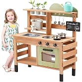 OLLIKIVI Outdoor Play Kitchen for Kids,Wooden Mud Kitchen Set | Removable Sink, Planting Area, Oven, Stove, Dual-Sided Chalkboard &amp; Storage,Backyard Pretend Toy,Ages 3+ Gift