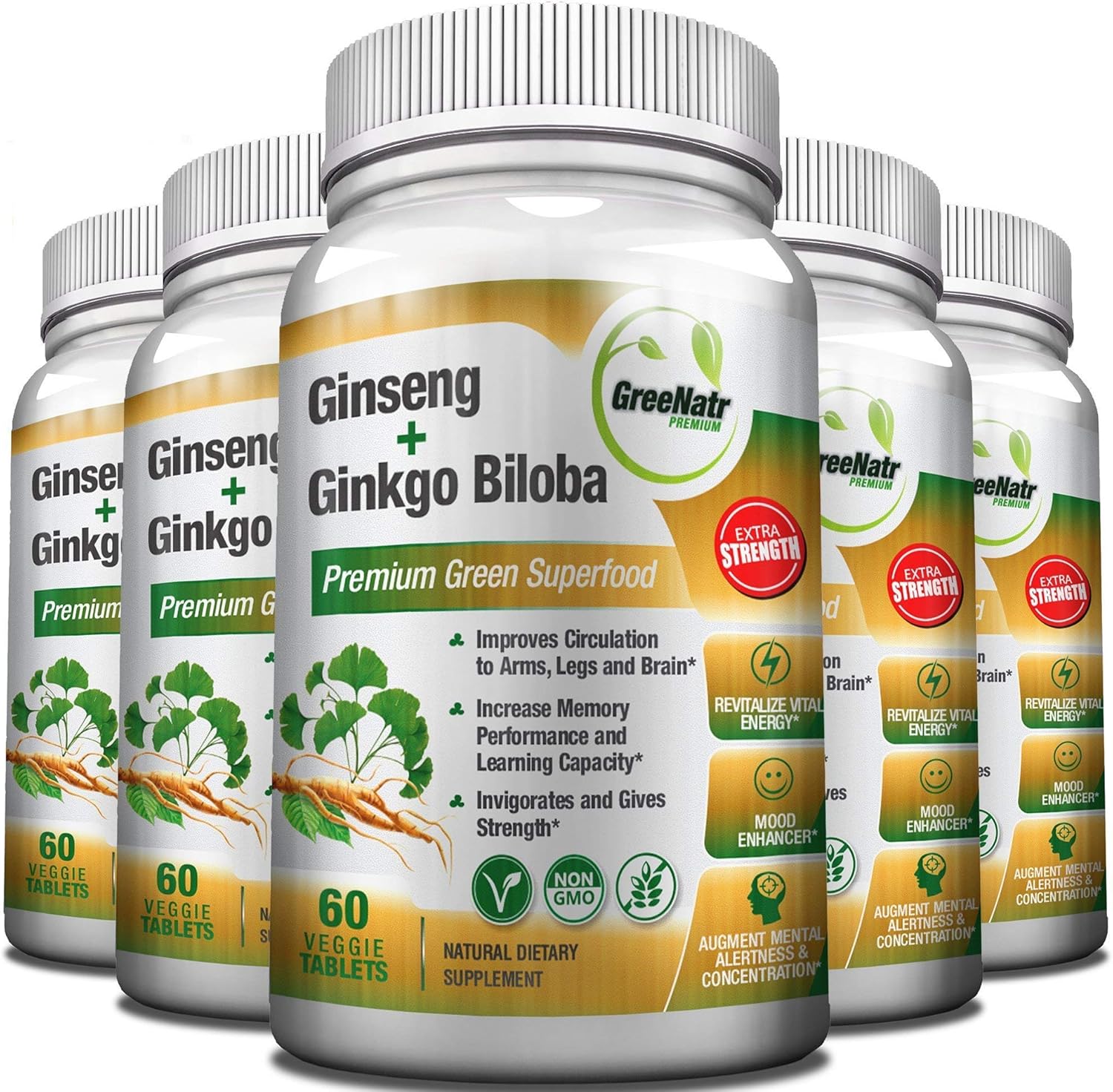 Panax Ginseng + Ginkgo Biloba Tablets – Premium Non-GMO/Veggie Superfood – Traditional Energy Booster and Brain Sharpener – Unique Twin Supplement Combines Ginseng and Ginkgo Biloba (6 Pack): Health & Personal Care