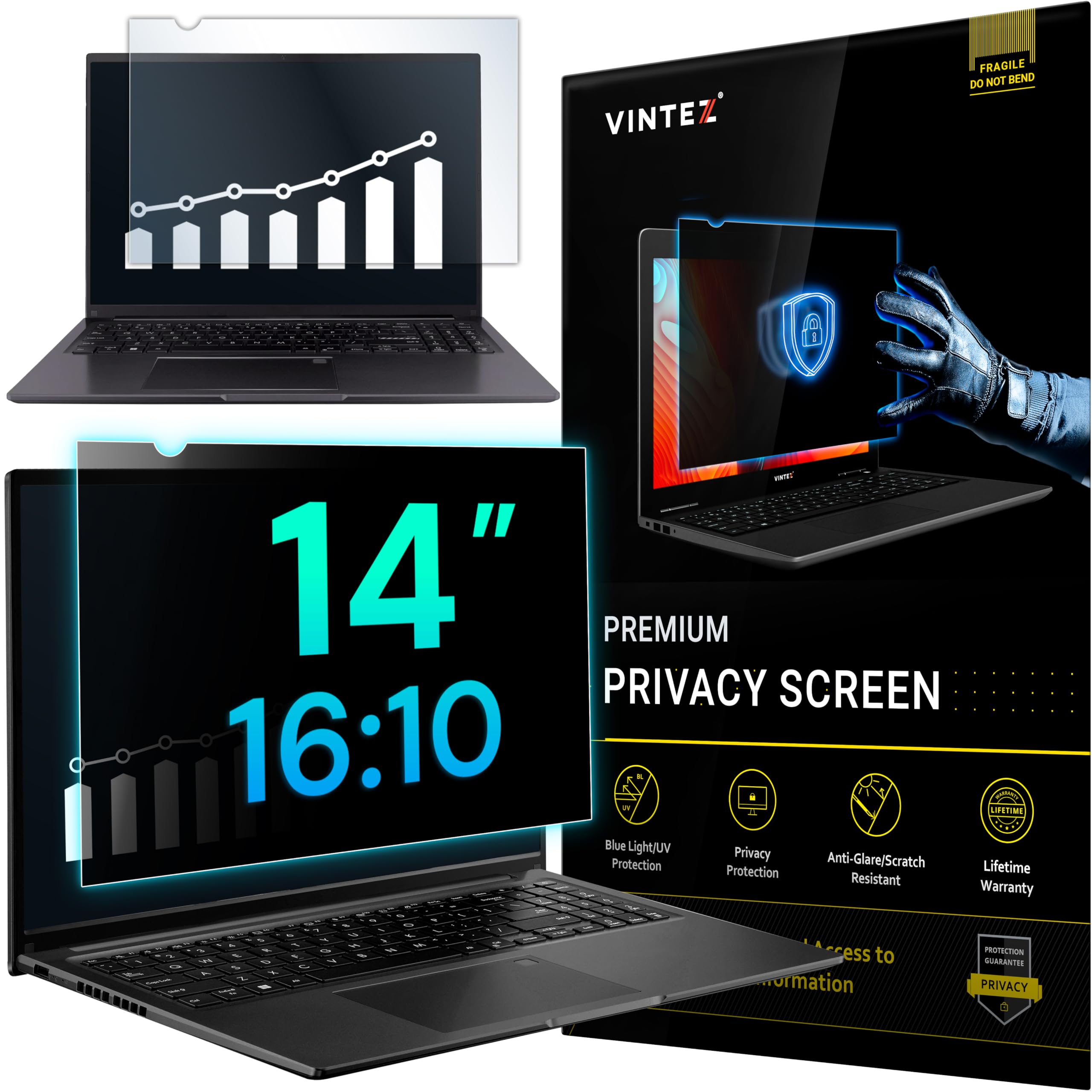 Photo 1 of VINTEZ 14 Inch 16:10 Privacy Screen for Computer Monitor and Laptop - Anti Glare Protector Film Blue Light Filter Eye Protection - Computer Screen Privacy Shield, 1 Pack