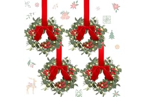 Hoteam 4 Pcs 9" Mini Christmas Decor Wreaths Small Pine Needle Wreath Winter Eucalyptus Cabinet Wreath with Rustic Bow Outdoor Winter Decorations for Christmas Porch Window Farmhouse Decor
