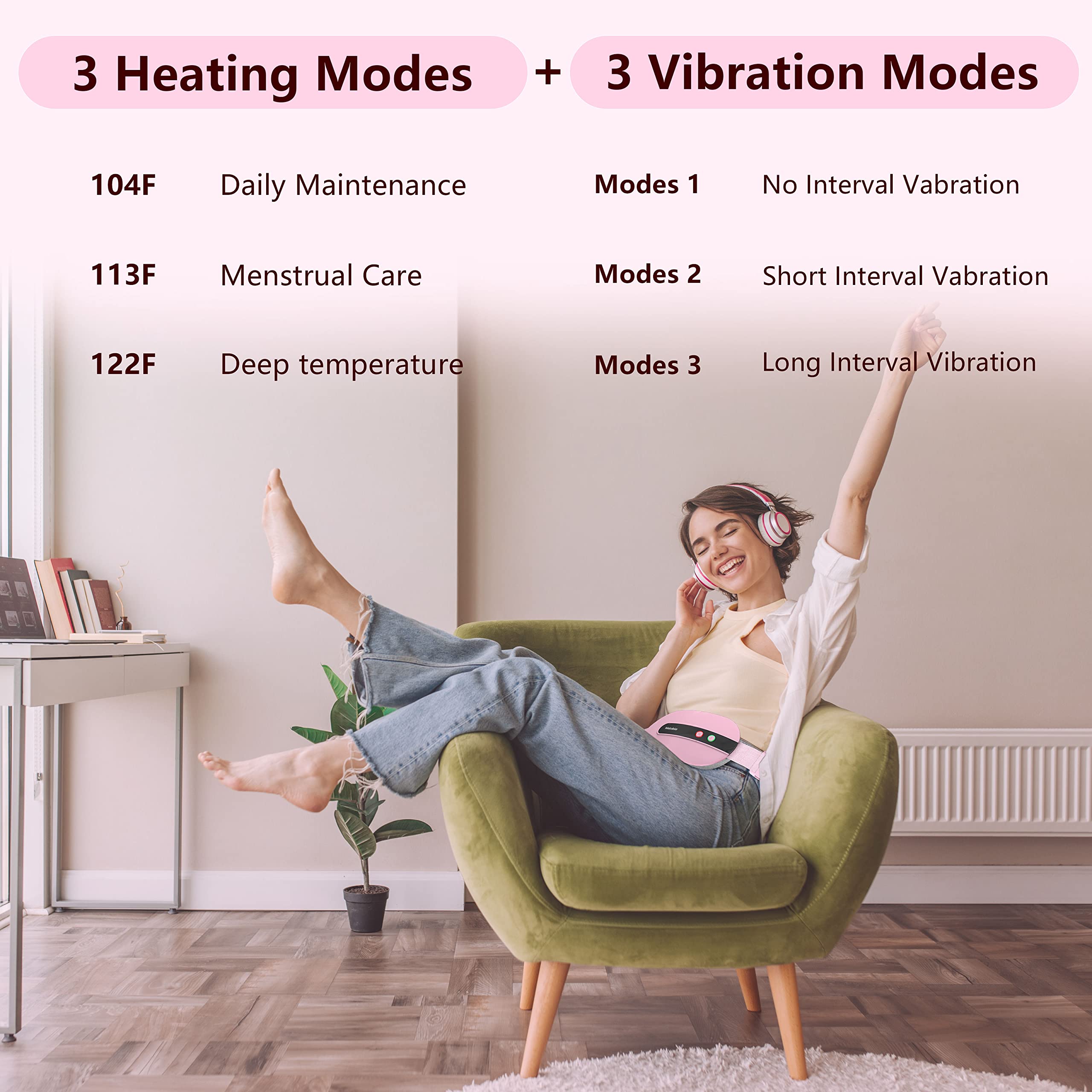 Portable Cordless Heating Pad, Heating Pad for Back Pain with 3 Heat Levels & 3 Vibration Massage Modes, Portable Electric Fast Heating Belly Wrap Belt for Women and Girl(Pink)