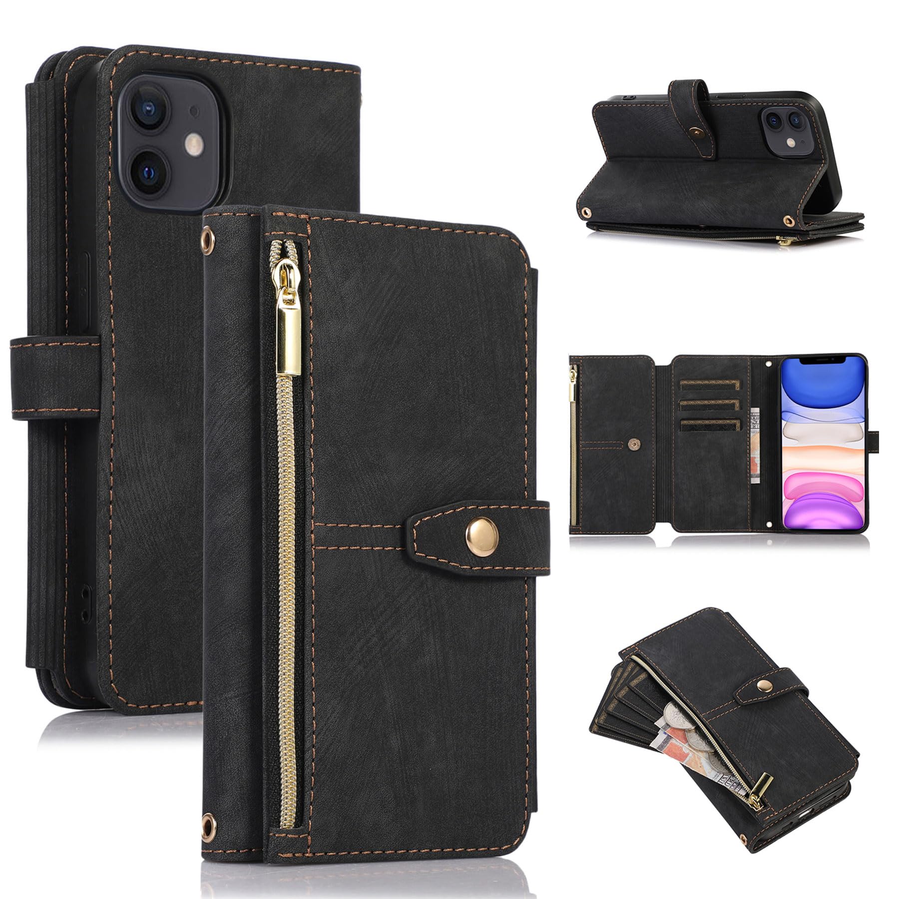 ZCDAYE Wallet Case for iPhone 11, Premium Leather Phone Case Women Ladies Holster with Card Slots Wrist Strap Zipper Flip Phone Cover for iPhone 11 (6.1 inches), Black — image 1