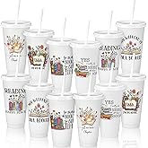 Sliner 12 Pcs Book Lovers Gifts 24 oz Book Club Tumbler with Straw and Lid Bookish Librarian Appreciation Gifts for Readers Bookworms Themed Party