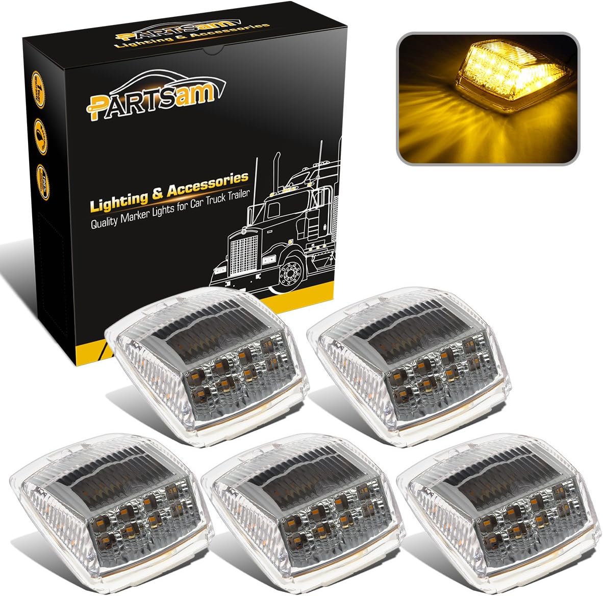 Partsam 5pcs 17 LED Clear Lens Amber Cab Marker Top Roof Running Truck Cab Light Waterproof Top Reflective Lights Compatible with Peterbilt/Kenworth/Freightliner/Mack/Volvo