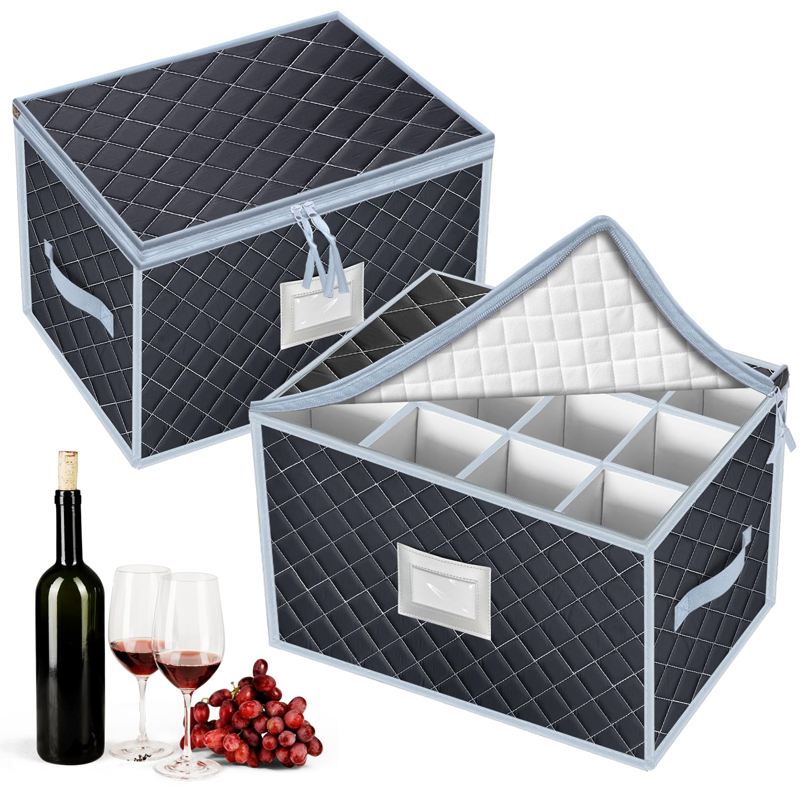 Photo 1 of VERONLY Wine Glass Storage Box with Dividers Holds 24 Stemware Storage Cases or China Crystal Glassware Containers with Handles and Lable Window (15.5" x 12.5"x10")-Set of 2 Grey