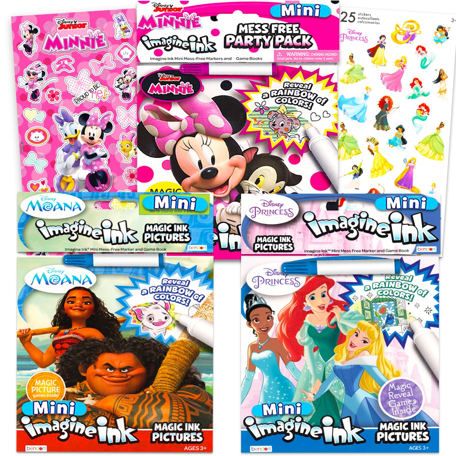 Disney Princess Magic Ink Coloring Book Set - Bundle with 3 Imagine Ink Books for Girls Kids Toddlers Featuring Disney Princess, Moana, and Minnie Mouse with Invisible Ink Pen and Stickers