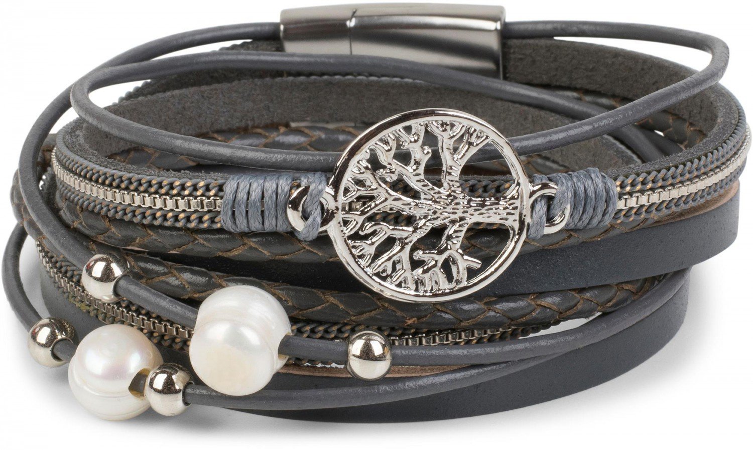 styleBREAKER wrap bracelet with pearls, chains, braided elements, and tree of life pendant, magnetic clasp, bracelet, women 05040070, color:Dark Grey