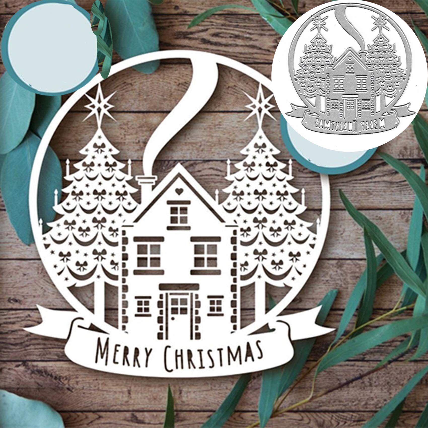 Christmas House Tree Metal Die Cuts, Merry Christmas Flower Leaf Star Bowtie Cutting Dies Cut Stencils for DIY Scrapbooking Album Decorative Embossing Paper Dies Card Making