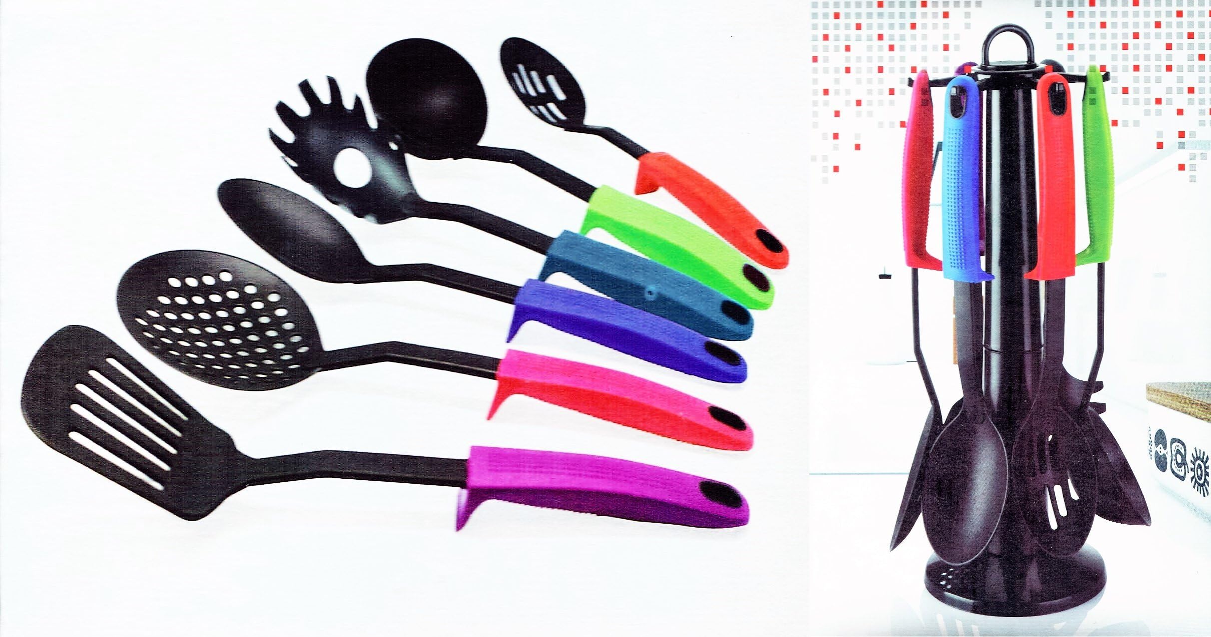 7-Piece Kitchen Gadgets Utensils Cooking Tools 12" Multi Colored Handle, with rotating Hanging Rack Stand - Dishwasher Safe