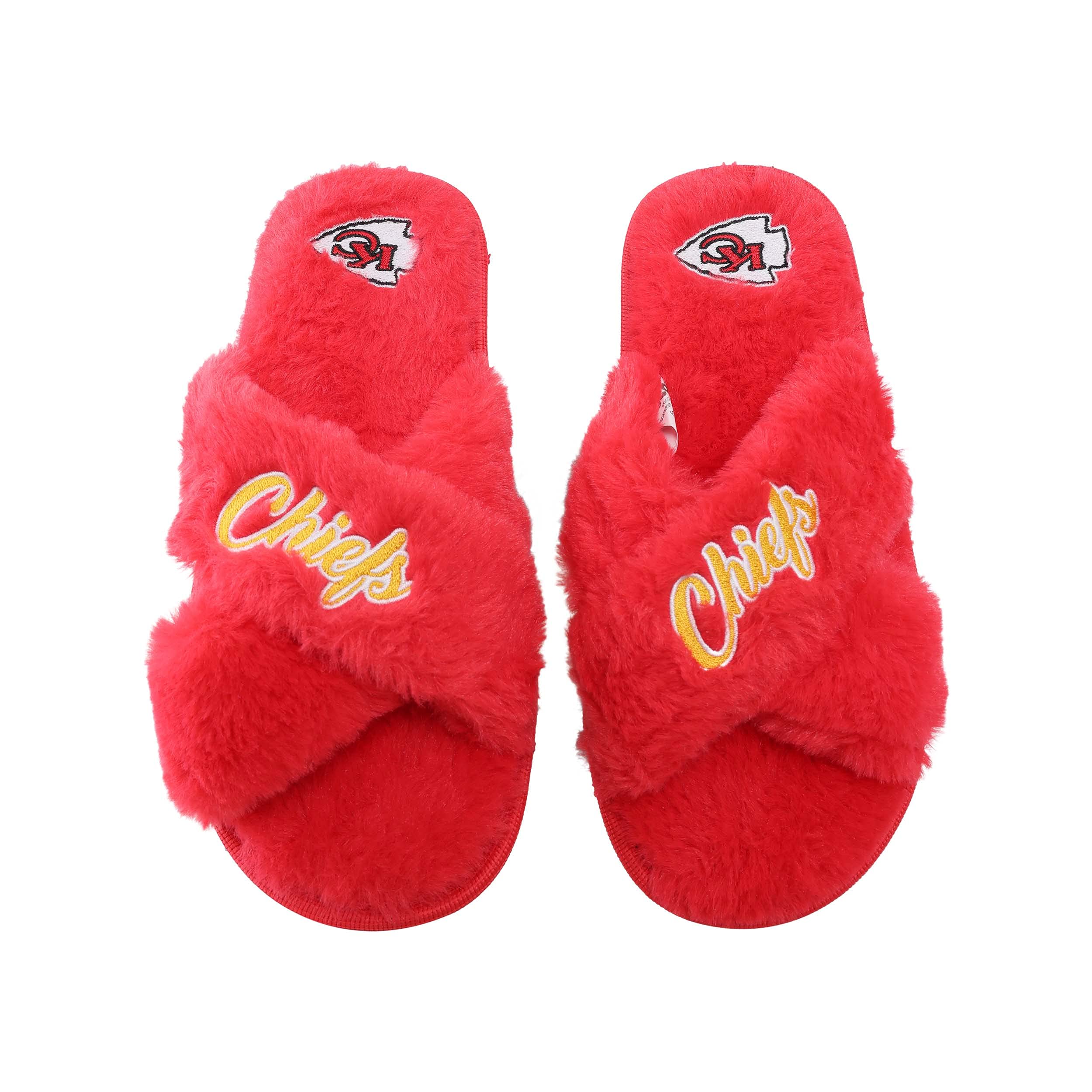 FOCO Women's NFL Team Logo Cross Band Soft Plush Furry Cozy Open Toe House Shoes Slippers, Kansas City Chiefs, Small 5-6 Image