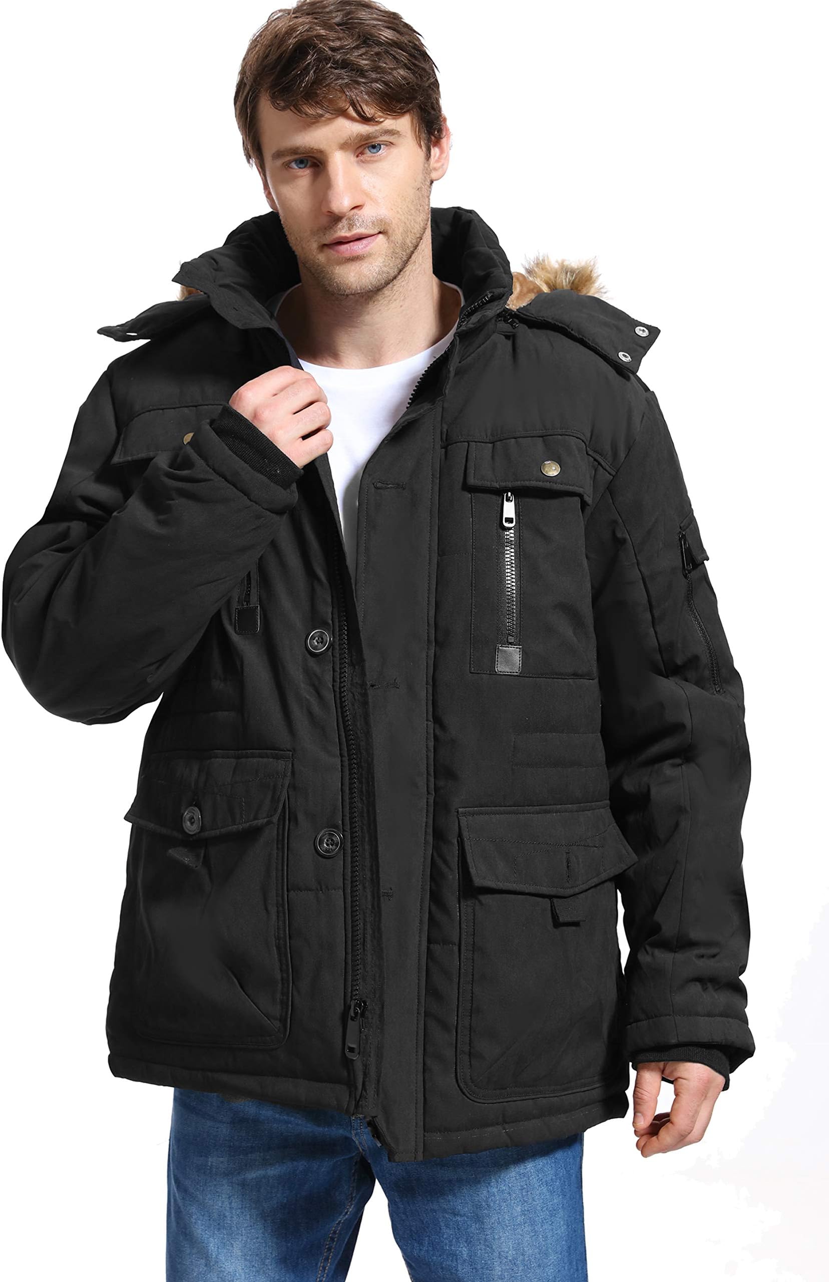 Mens Winter Parka Insulated Warm Jacket Military Coat Faux Fur with Pockets and Detachable Fur Hood