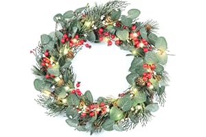 DN DECONATION 20 Inch Lighted Chirstmas Wreaths for Front Door, Artificial Winter Wreath with Lights, Eucalyptus Berry Wreath with Pine Cones for Indoor Outdoor Xmas Wreaths Home Decor