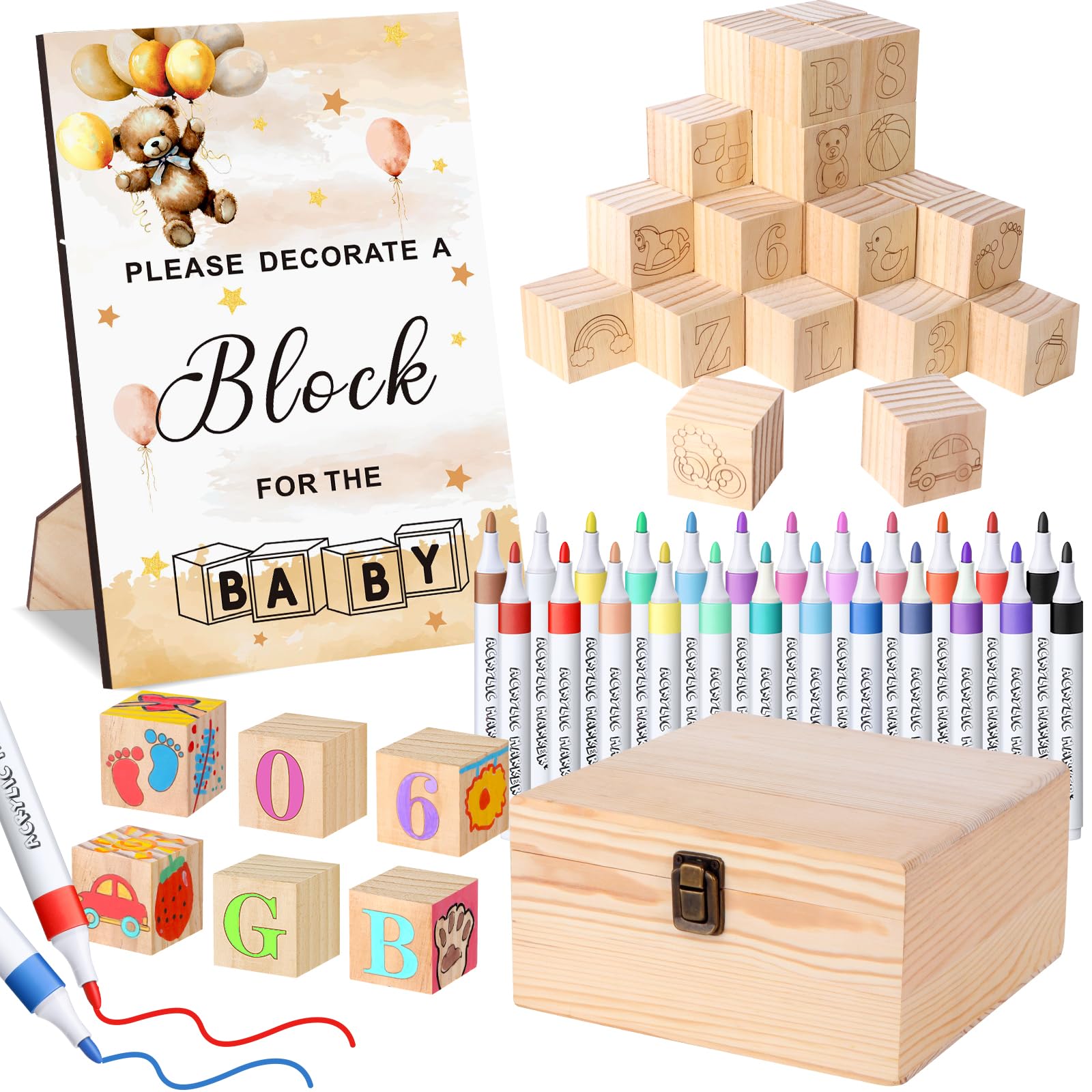 Pydeeirom Baby Shower Blocks Game Set with Wooden Box, Acrylic Markers & Wooden Sign for Baby Shower Games, Gender Reveal & Decorations (BrownBear)