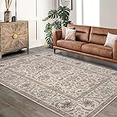 GarveeHome 8x10 Area Rug Retro Floral, Washable Rug for Living Room Boho Vintage Large Rug for Bedroom Soft Non Slip Low Pile Floor Mat Persian Carpets for Dining Room Office Stain Resistance, Beige
