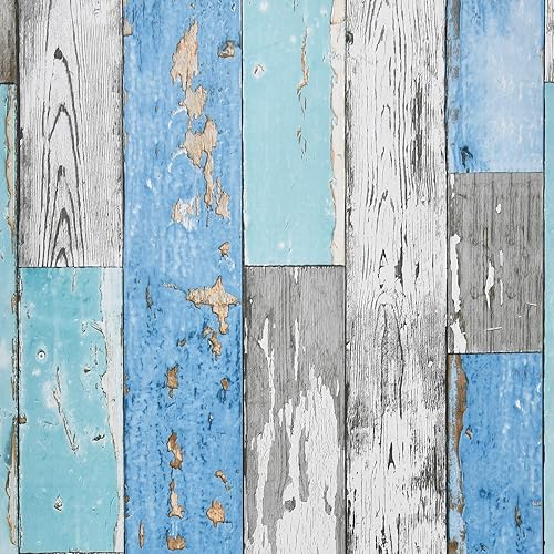 Caltero Wood Plank Wallpaper 17.7" × 118" Blue Distressed Wood Wallpaper Peel and Stick Wood Grain Contact Paper Vintage for Furniture Bedroom Countertop Cabinet