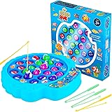 Fishing Game Play Set - 21 Fish, 4 Poles, & Rotating Board w/ On-Off Music - Family Children Backyard Colorful Toy Games for 