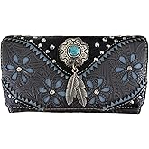 Western Feather Tooled Leather Floral Laser Cut Flower Purse Studs Single Shoulder Bag Clutch Women Trifold Wristlets Wallet (Black)