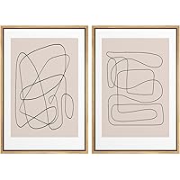 SIGNWIN Framed Wall Art Print Set Line Art Thin Lines Over Plain Tan Background Abstract Swirly Digital Art Modern Art Mid-Century Modern Expressive for Living Room, Bedroom, Office - 16