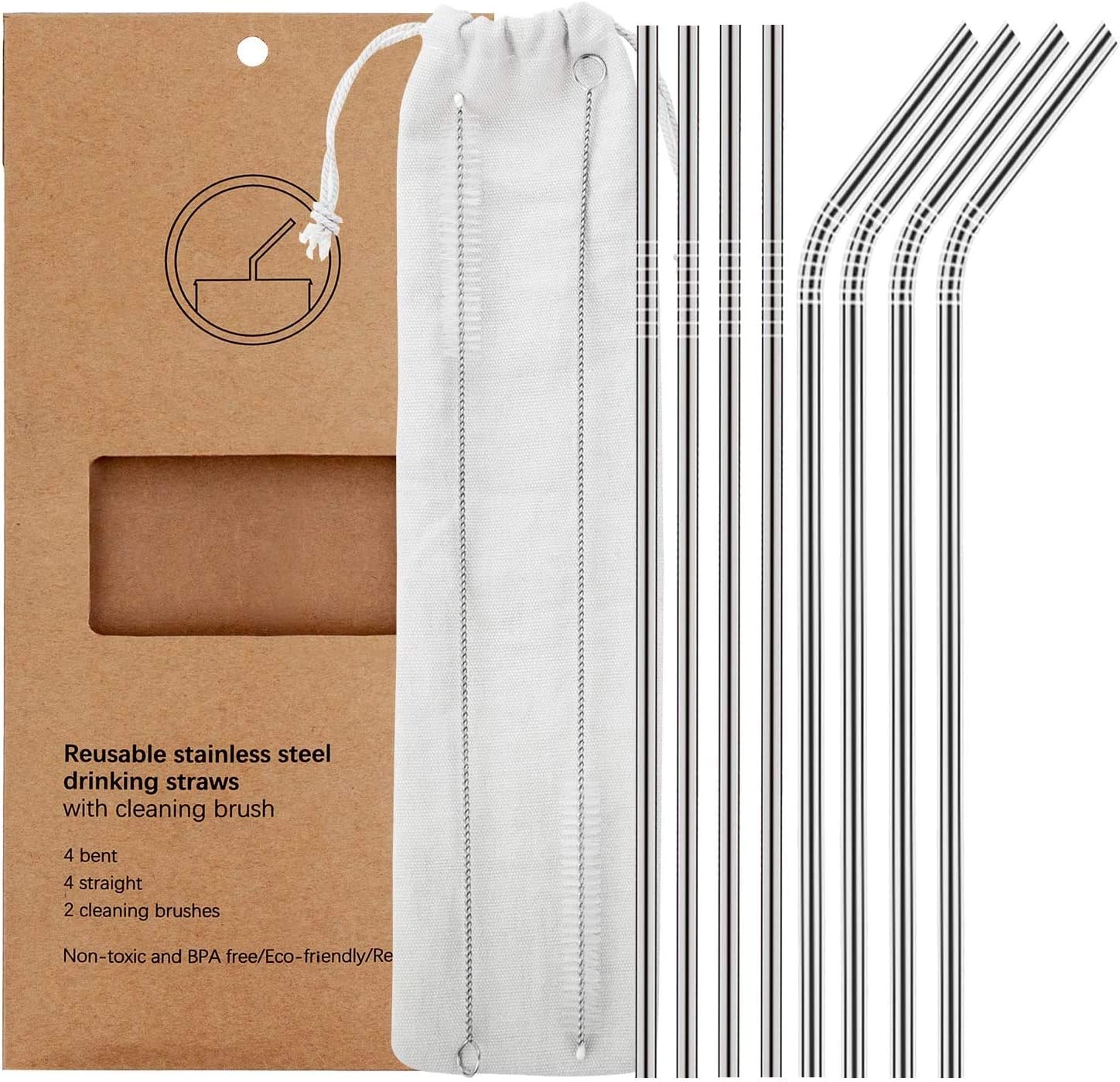ELITE Set of 8 Reusable Stainless Steel Metal Straws- Ultra Long 8.5 Inch - [BPA FREE] Regular Size 6mm Wide - 4 Straight + 4 Bent+ 2 Brushes+ 1 Pouch