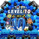 Vlipoeasn 90PCS 10th Birthday Video Game Party Decorations for Boys - Blue 10th Video Game Backdrop, Balloons, Tablecloth, Gamer and 10 Foil Balloons for 10th Birthday Party Supplies