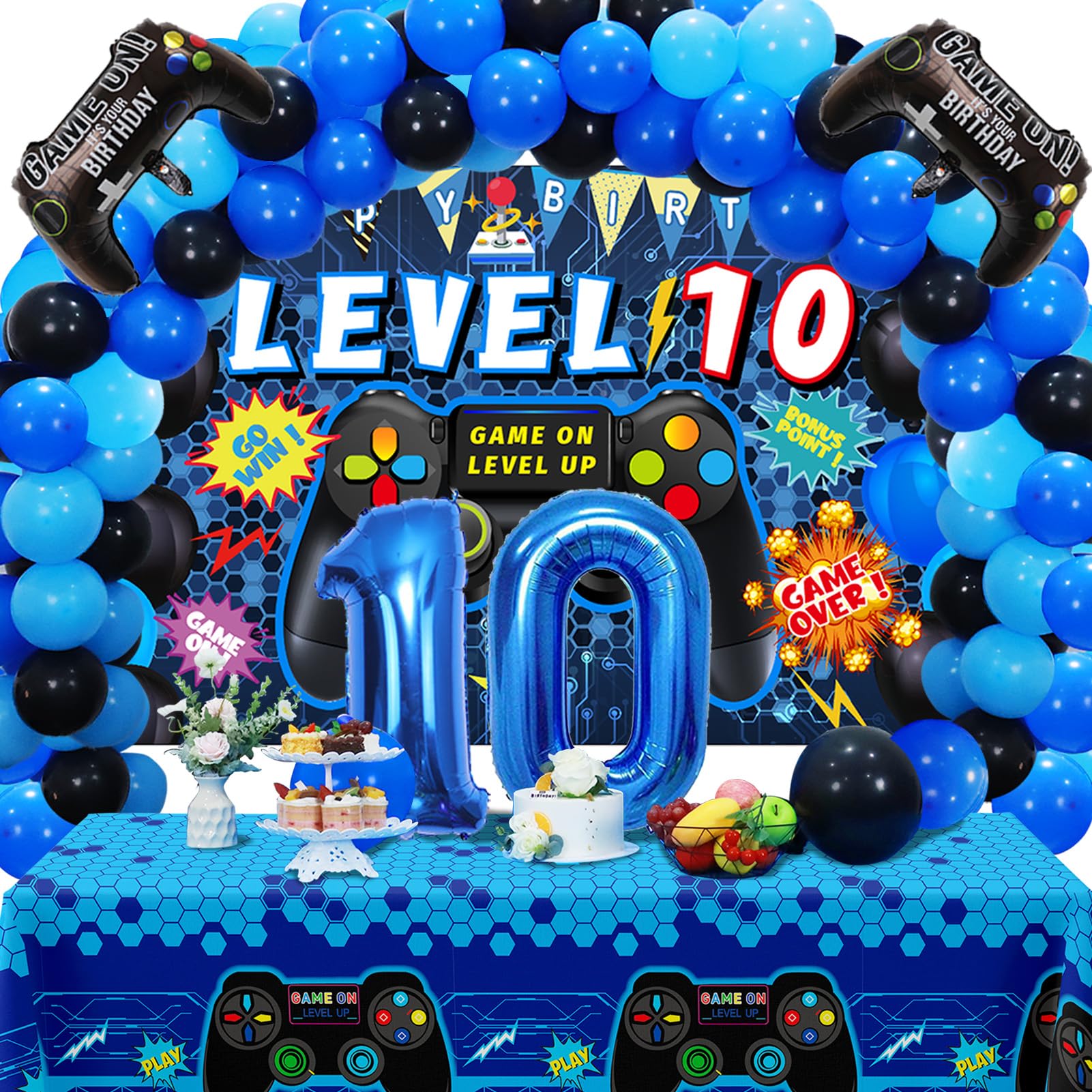 Photo 1 of Vlipoeasn 90PCS 10th Birthday Video Game Party Decorations for Boys - Blue 10th Video Game Backdrop, Balloons, Tablecloth, Gamer and 10 Foil Balloons for 10th Birthday Party Supplies