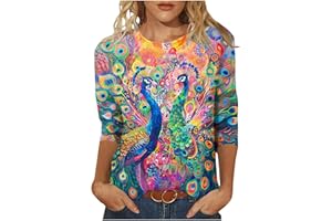 COJCOIHN Peacock Print Feathers Bird Lover Women Gifts Tshirt 3/4 Sleeve Sea Turtle Beach Graphic Funny Animal Hawaiian Tees