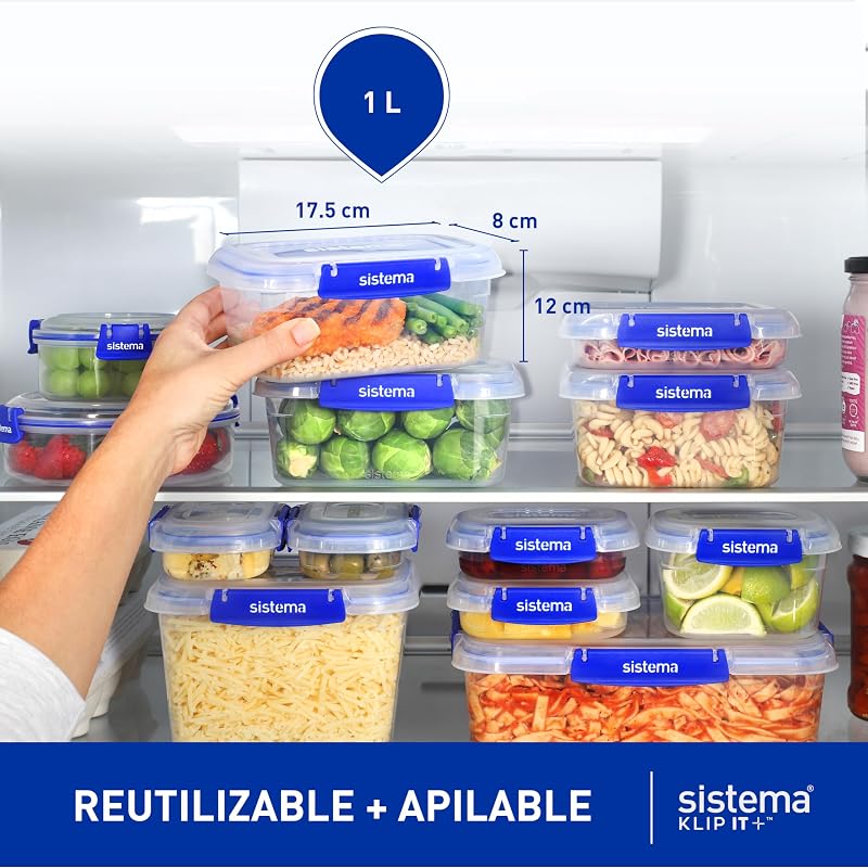 KLIP IT PLUS recipientes de almacenamiento de alimentos | 1 L | Juego de 4 recipientes herméticos | Sellado hermético | Clips de cierre fácil