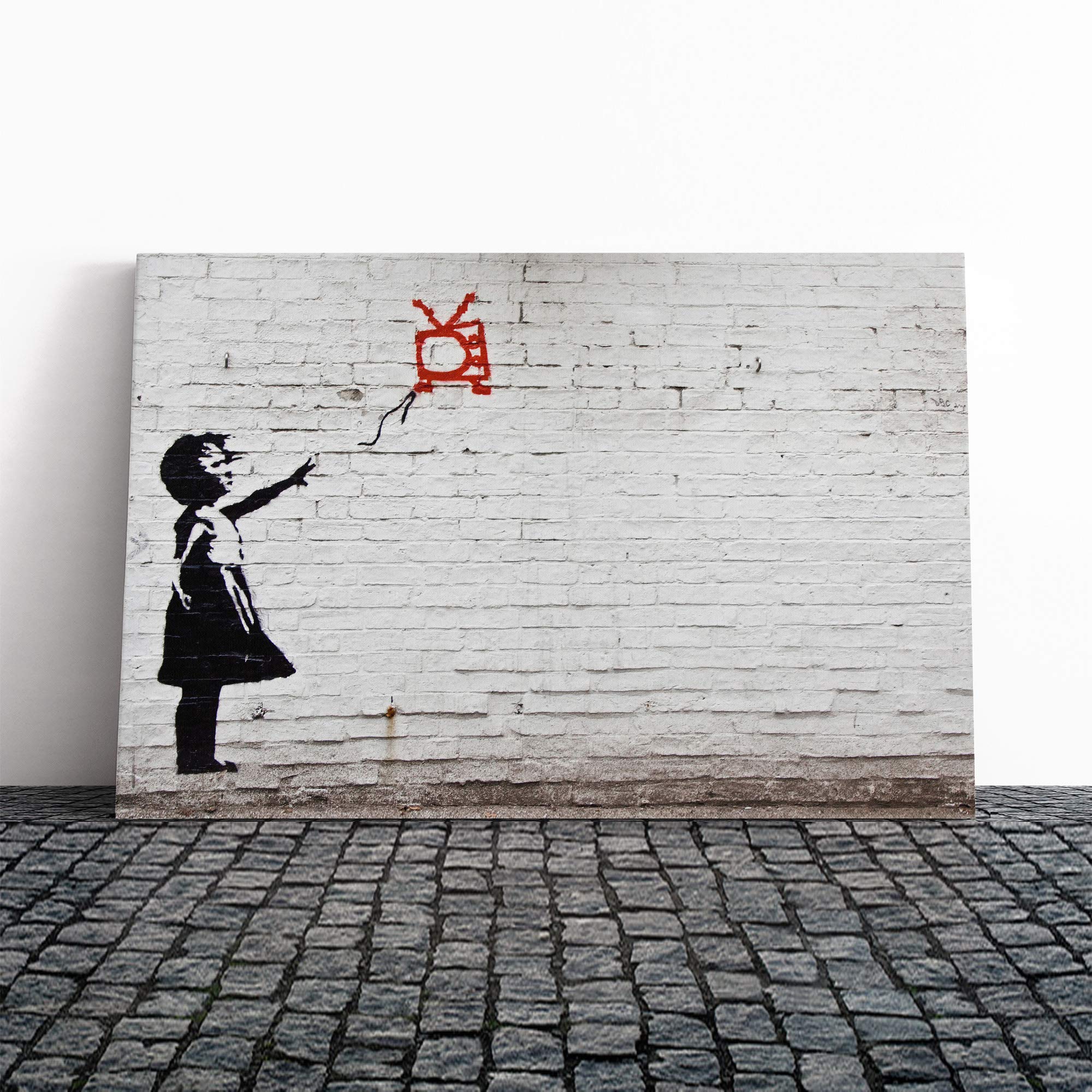 Banksy Girl with Red Balloon TV Graffiti Wall Art Canvas Print | Gallery Wrapped 30mm Frame Wall Decor | 20x14 inches | Ready to Hang | Pop Art People Picture | Living Room Bedroom Lounge Office